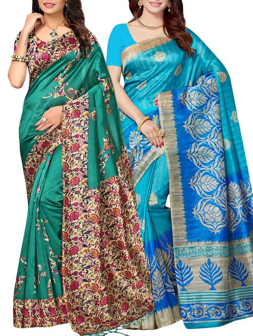 set of 2 multicolor silk blend printed saree combo with blouse - 15176613 - Standard Image - 1
