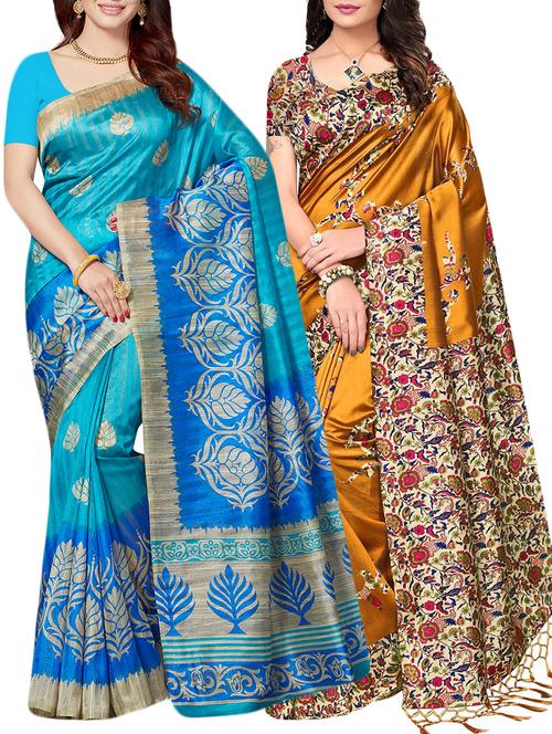 set of 2 multicolor silk blend printed saree combo with blouse - 15176616 - Standard Image - 1