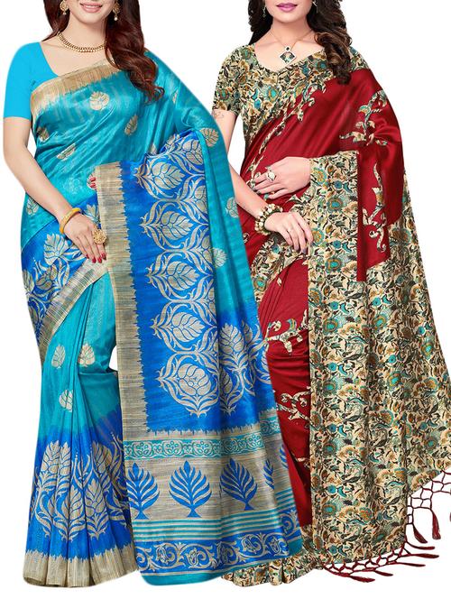 set of 2 multicolor silk blend printed saree combo with blouse - 15176618 - Standard Image - 1