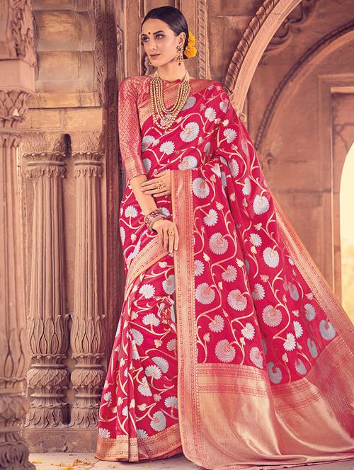 Floral zari woven saree with blouse - 15176753 - Standard Image - 1
