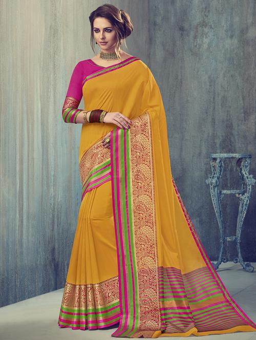 yellow silk blend bordered saree with blouse - 15176781 - Standard Image - 1