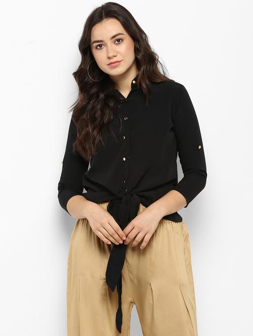 black solid front tie up top - 15177088 - Standard Image - 1