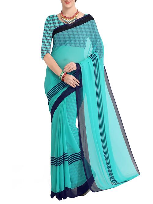 turquoise georgette printed saree with blouse - 15177155 - Very Small Image - 1
