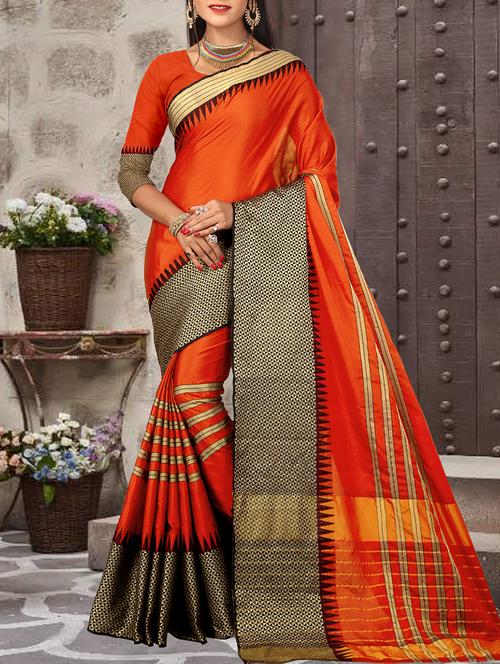 orange raw silk woven saree with blouse - 15177173 - Very Small Image - 1