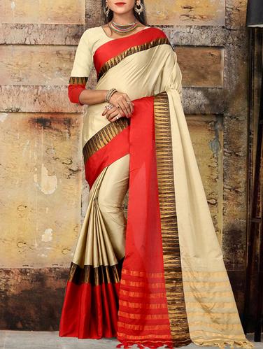 beige raw silk bordered saree with blouse - 15177174 - Very Small Image - 1