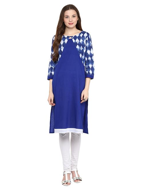 blue cotton straight kurta - 15177257 - Standard Image - 1