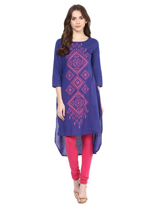 blue cotton highlow kurta - 15177265 - Standard Image - 1