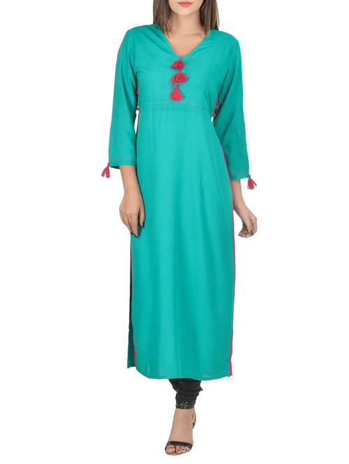 turquoise cotton straight solid kurta - 15177491 - Standard Image - 1
