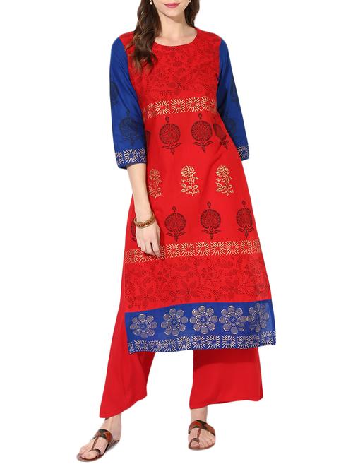 red cotton straight kurta - 15177987 - Standard Image - 1