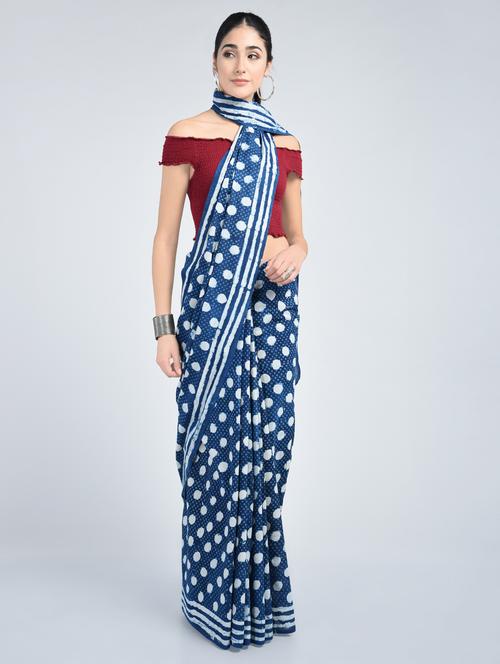 indigo cotton printed saree with blouse - 15178156 - Standard Image - 1