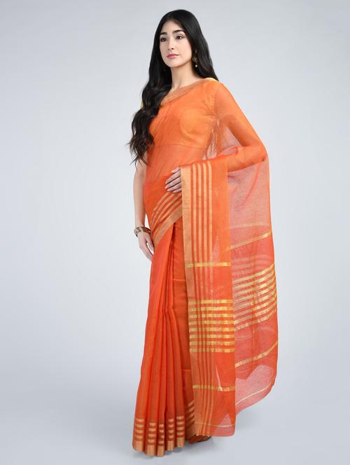 orange cotton blend bordered saree with blouse - 15178176 - Very Small Image - 1