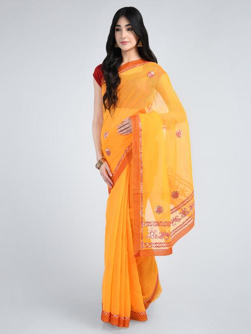 yellow cotton blend gota patti saree with blouse - 15178180 - Standard Image - 1