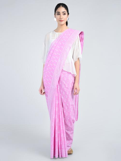 pink cotton hand block printed saree with blouse - 15178181 - Very Small Image - 1