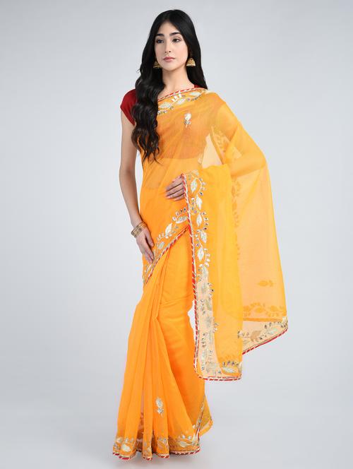 yellow cotton blend gota patti saree with blouse - 15178182 - Very Small Image - 1