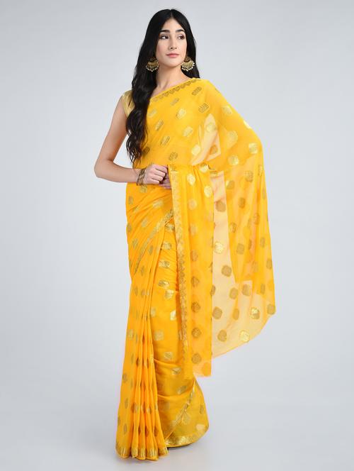 yellow chiffon woven saree with blouse - 15178186 - Standard Image - 1
