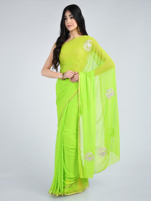 green chiffon embroidered saree with blouse - 15178187 - Standard Image - 1