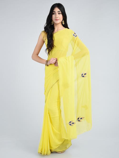 yellow chiffon embroidered saree with blouse - 15178188 - Standard Image - 1