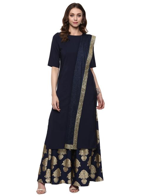 blue crepe stitched skirt suit - 15178561 - Very Small Image - 1