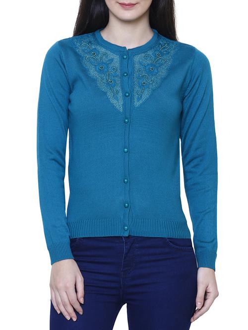 blue solid woolen cardigan - 15180427 - Standard Image - 1