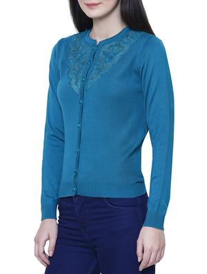 blue solid woolen cardigan - 15180427 - Standard Image - 2