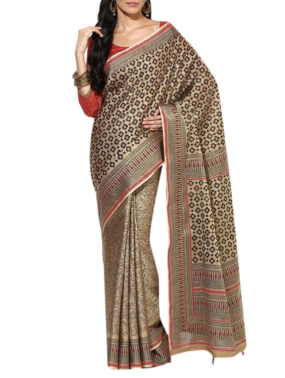 beige cotton blend half & half saree with blouse - 15180751 - Zoom Image - 1