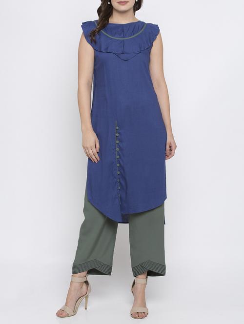 Frilled neck solid kurta - 15187040 - Standard Image - 1
