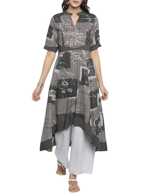 Grey cotton asymmetric kurta - 15187059 - Standard Image - 1