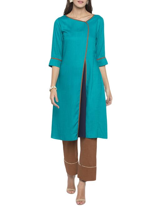 Blue rayon a-line solid kurta - 15187060 - Very Small Image - 1