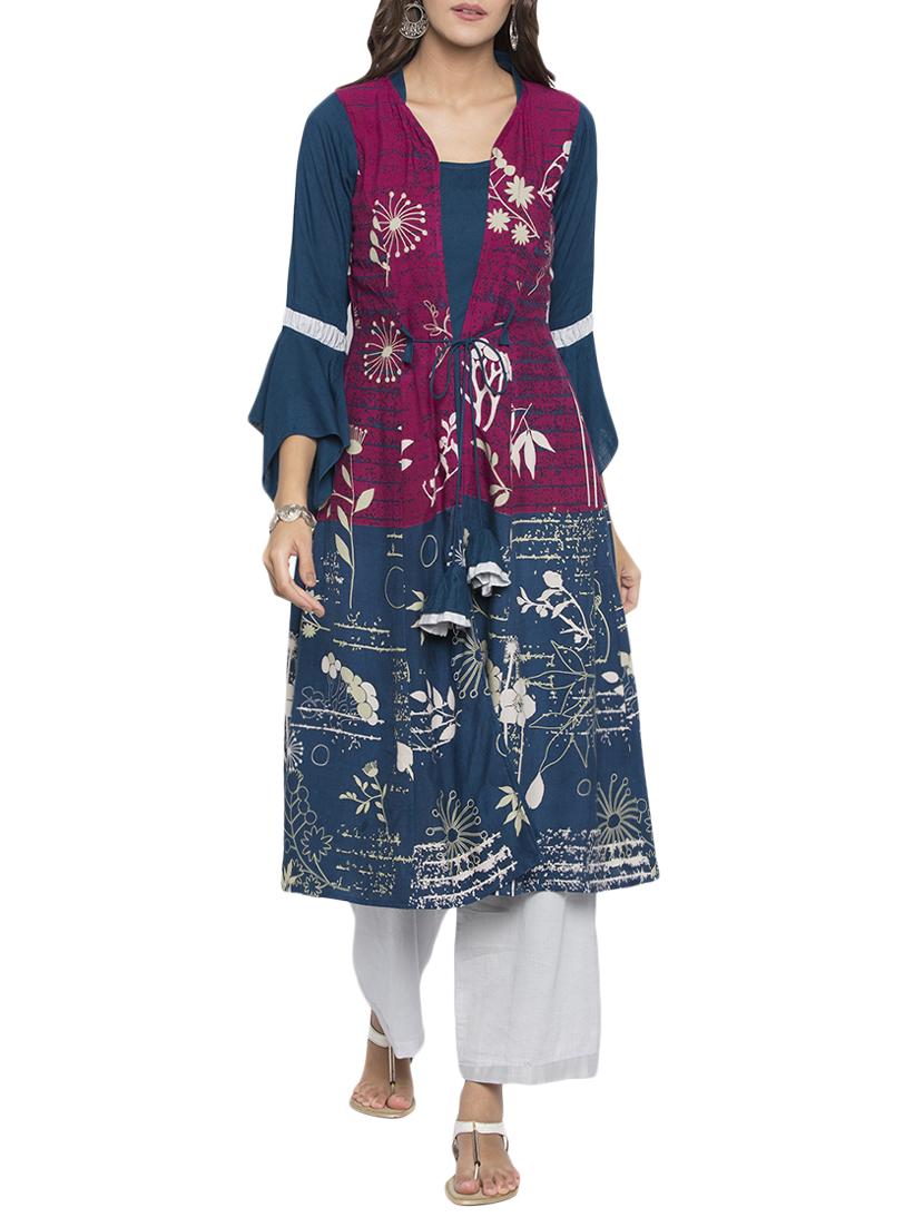 Blue rayon layered kurta - 15187061 - Zoom Image - 1
