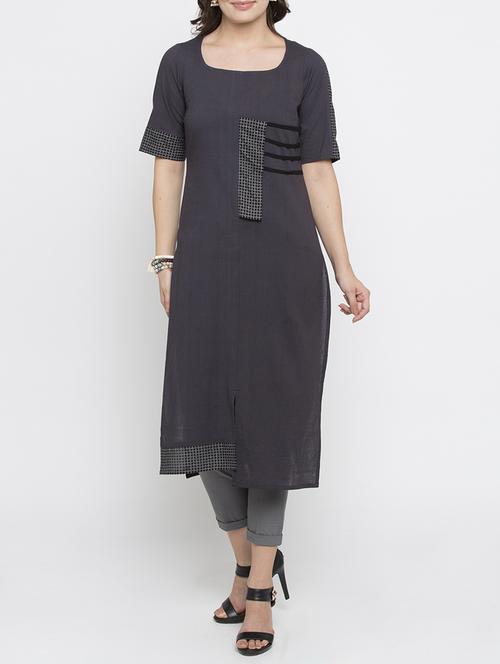 grey cotton straight kurta - 15187071 - Standard Image - 1