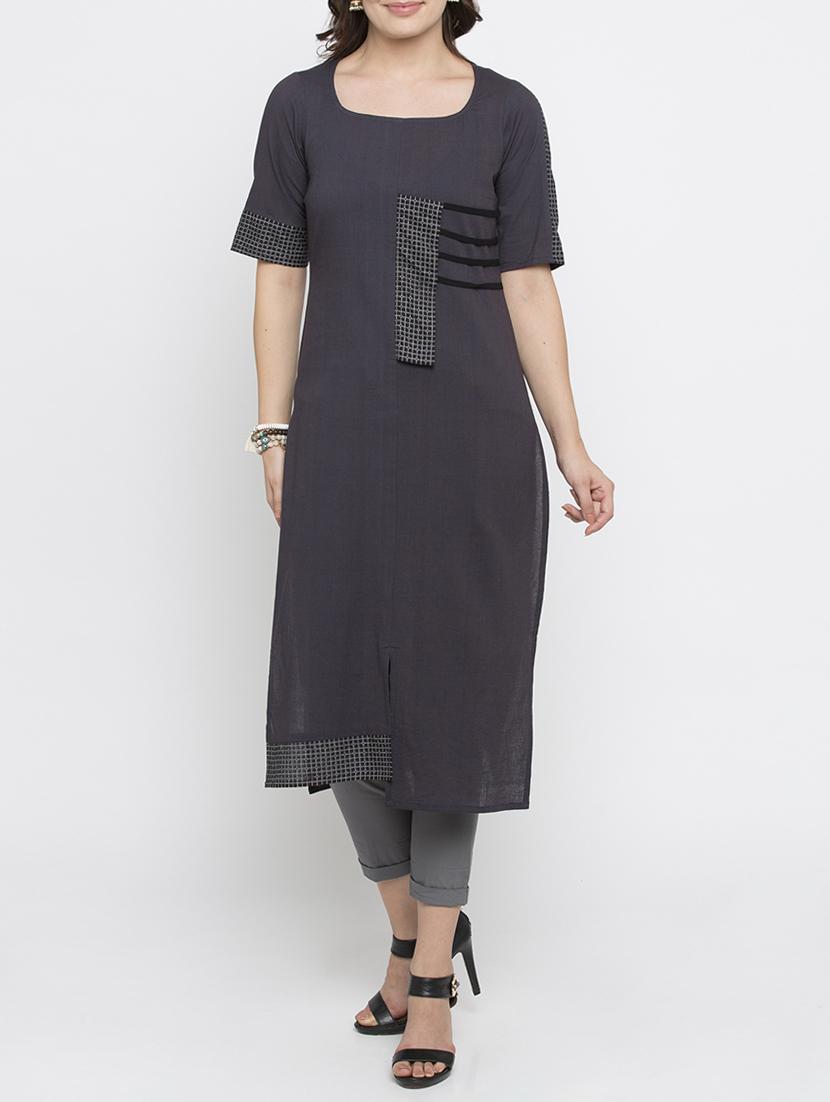 grey cotton straight kurta - 15187071 - Zoom Image - 1