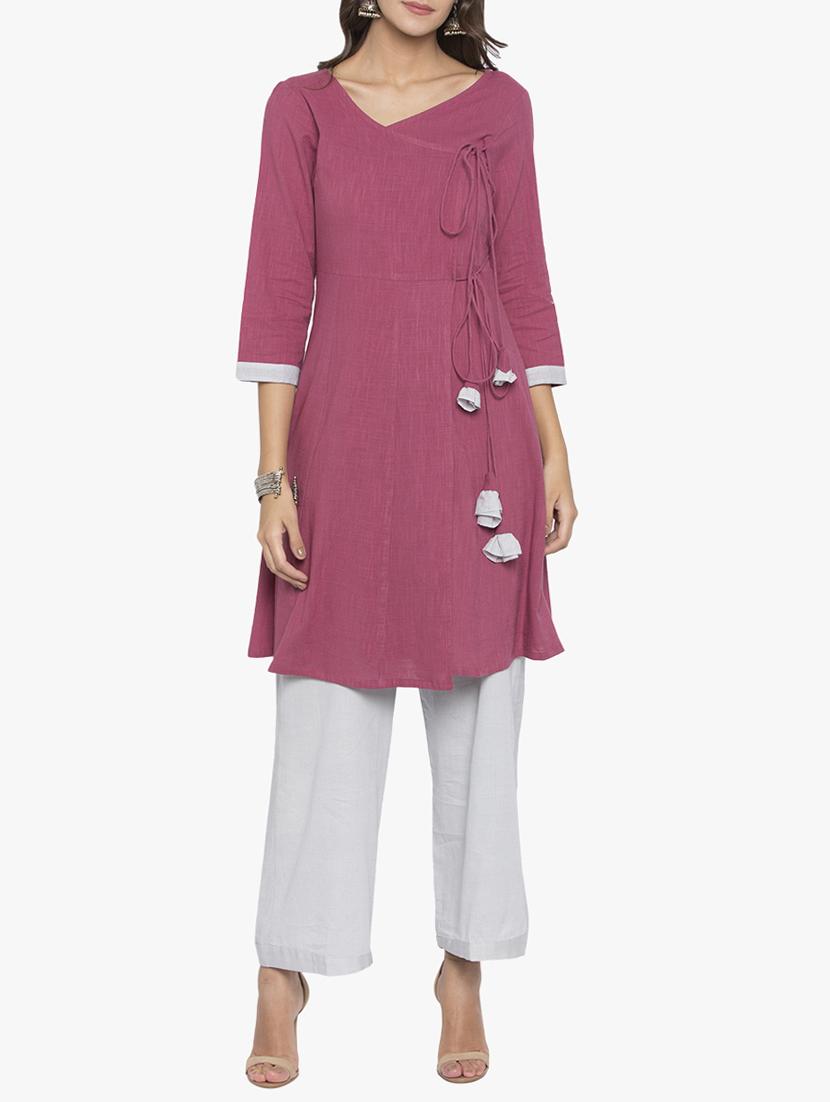 pink cotton angrakha kurta - 15187110 - Zoom Image - 1