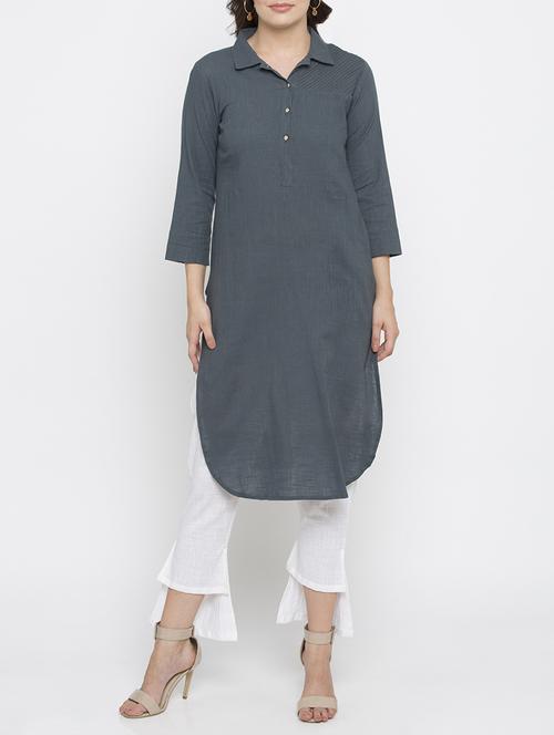 grey cotton straight solid kurta - 15187115 - Very Small Image - 1