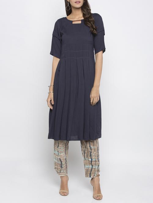 blue rayon a-line solid kurta - 15187232 - Very Small Image - 1