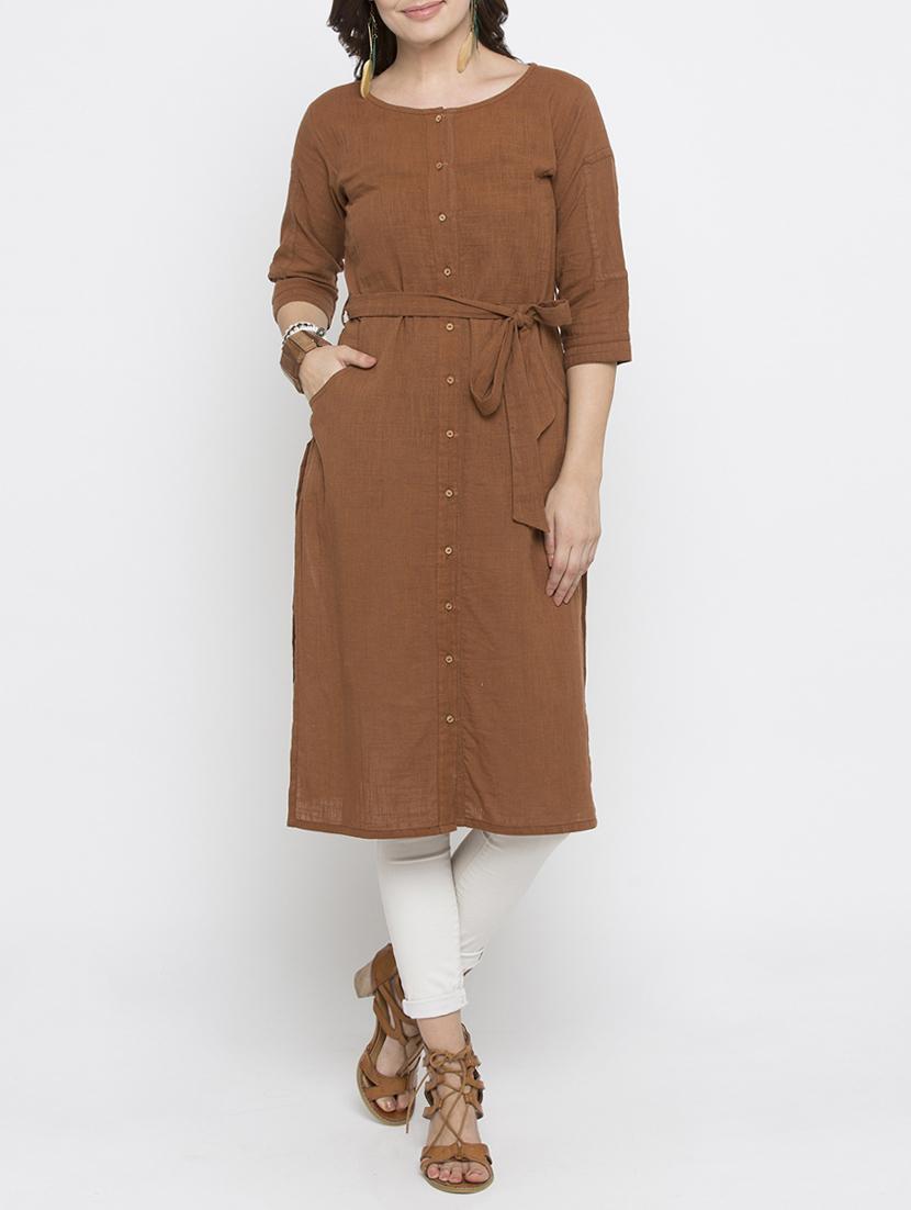 brown cotton straight solid kurta - 15187234 - Zoom Image - 1