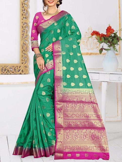 green banarasi silk saree with blouse - 15188371 - Very Small Image - 1