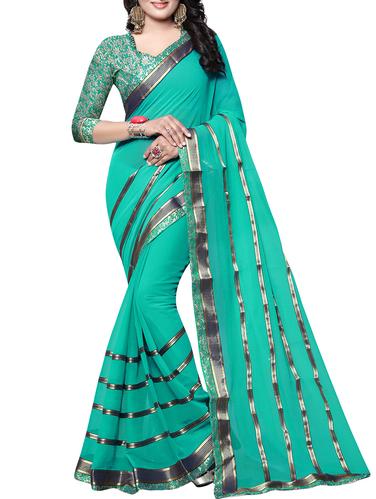 turquoise chiffon printed saree with blouse - 15190920 - Very Small Image - 1