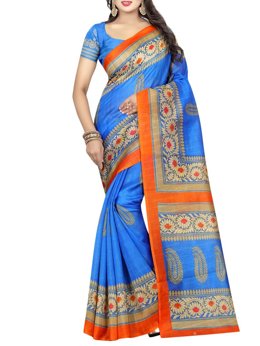 blue silk printed saree with blouse - 15192413 - Zoom Image - 1