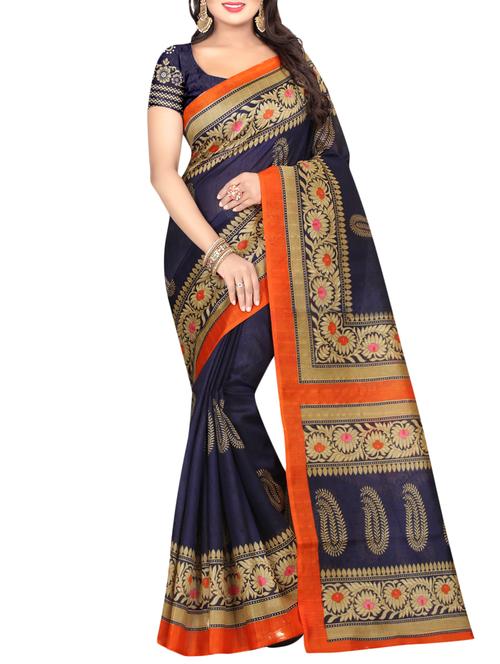 blue silk printed saree with blouse - 15192417 - Very Small Image - 1