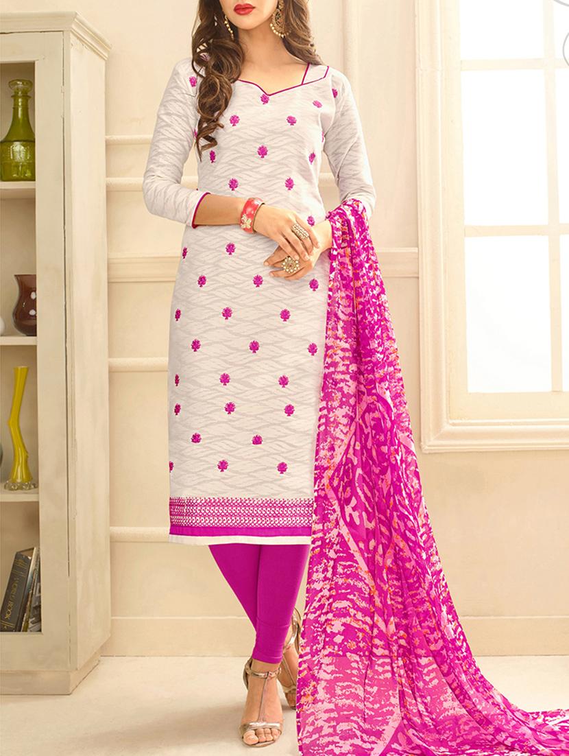 white embroidered unstitched churidaar suit - 15194849 - Zoom Image - 1