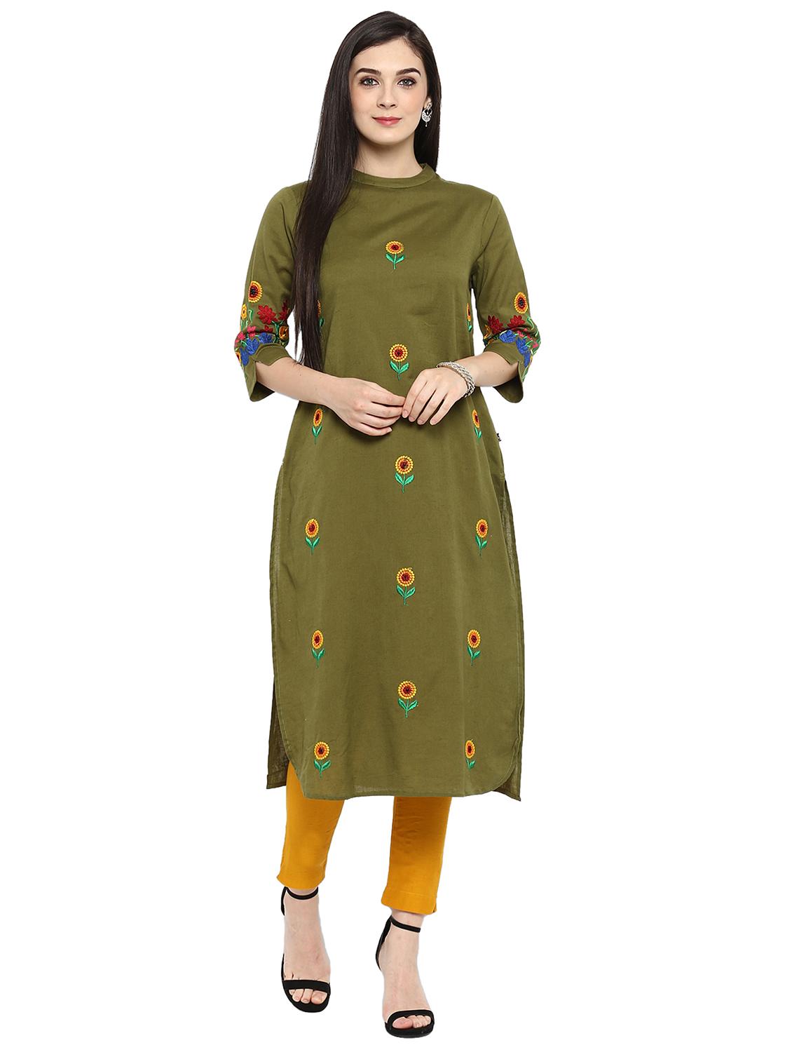 green cotton straight kurta - 15201252 - Zoom Image - 1