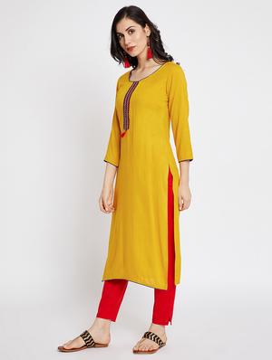 yellow rayon straight solid kurta - 15201842 - Standard Image - 3