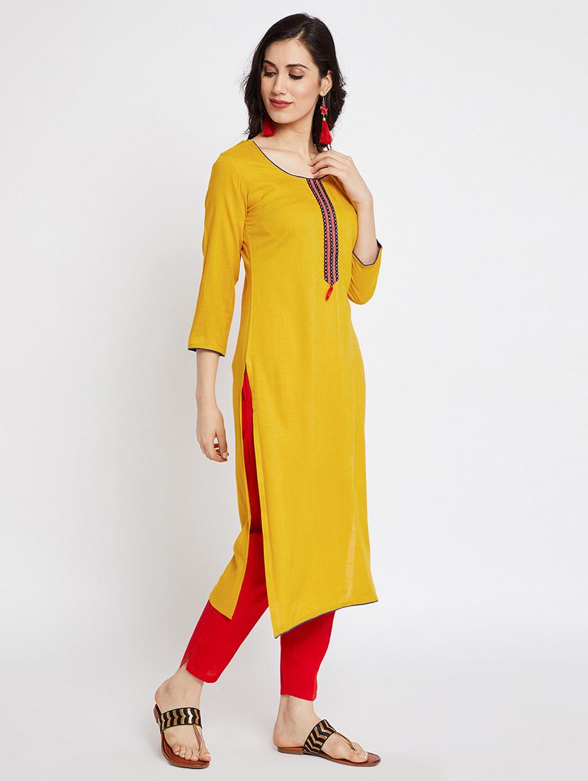 yellow rayon straight solid kurta - 15201842 - Zoom Image - 2