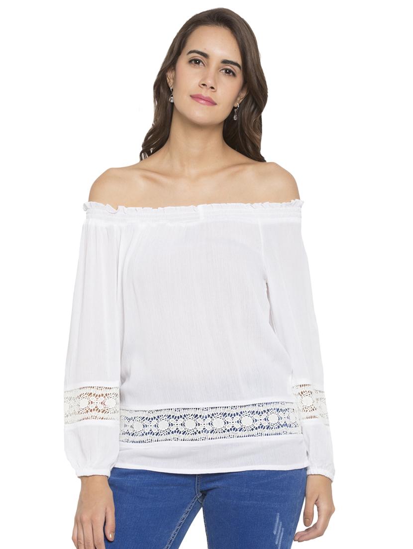 lace insert off shoulder top - 15205515 - Zoom Image - 1