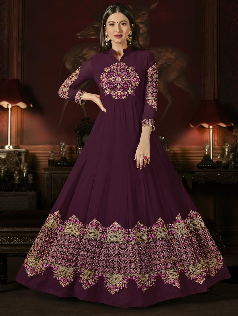 purple embroidered semi-stitched anarkali suit - 15206333 - Zoom Image - 1