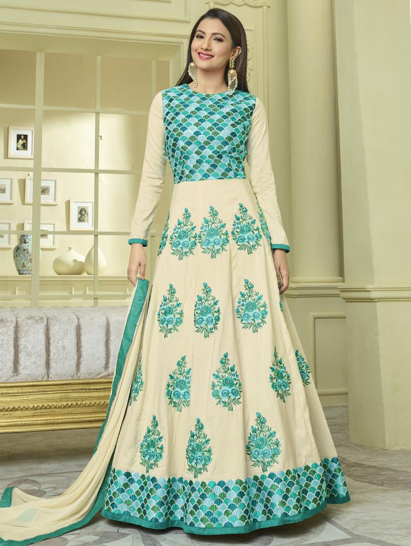 white embroidered semi-stitched anarkali suit - 15206368 - Zoom Image - 1