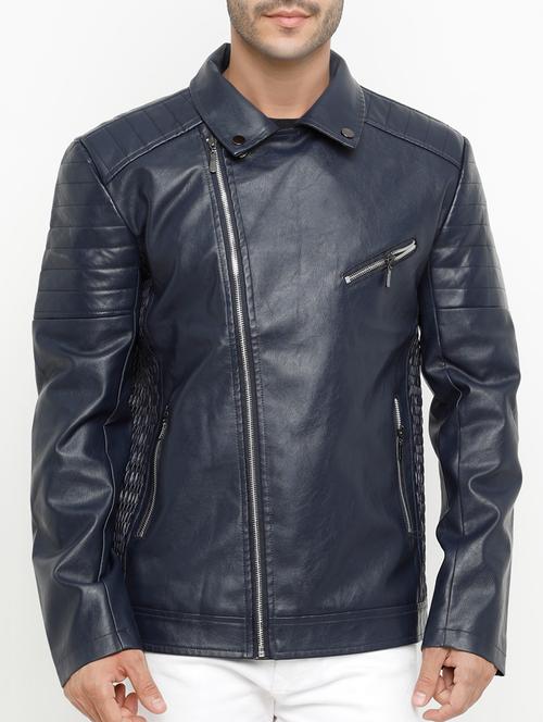 navy blue solid biker jacket - 15207394 - Standard Image - 1