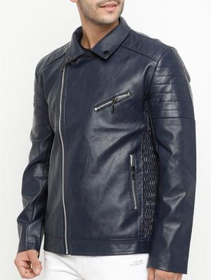 navy blue solid biker jacket - 15207394 - Standard Image - 2