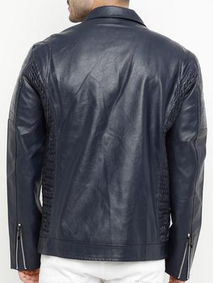 navy blue solid biker jacket - 15207394 - Standard Image - 3