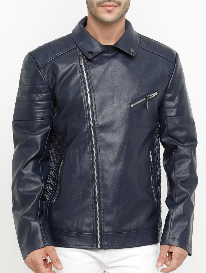 navy blue solid biker jacket - 15207394 - Zoom Image - 1